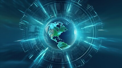 Graphic image of the rotating blades of a windmill around Planet Earth on a blue blurred background. Sustainable wind energy process. Green energy power production. Mockup, 3D rendering.