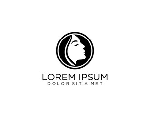 Beauty salon logo.Elegant makeup woman face and wordmark isolated on light fund.Profile view lady portrait.Pink lipstick and long eyelashes.Cosmetics and spa business.Calligraphy style lettering.