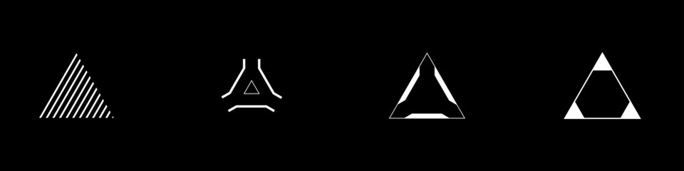 Cyberpunk style triangle aim set. HUD cyber targets, aims, sights, and crosshairs. A pack of GUI futuristic targets. A vector collection of cyberpunk design elements.