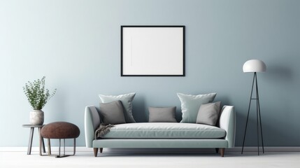 Front view of a modern luxury living room in light blue colors. Wall with poster template, comfortable sofa with cushions, coffee table, dried flower in a vase, floor lamp. Mockup, 3D rendering.