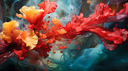 Fototapeta premium An explosion of paint and color in water, ink spilling vivid color. Tropical, sea background. A coral reef in deep, dark water. Illustration. Generative AI.