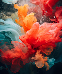 Fototapeta premium An explosion of paint and color in water, ink spilling vivid color. Tropical, sea background. A coral reef in deep, dark water. Illustration. Generative AI.