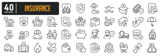 Insurance simple minimal thin line icons. Related health, travel, life, family, finance. Editable stroke. Vector illustration. 