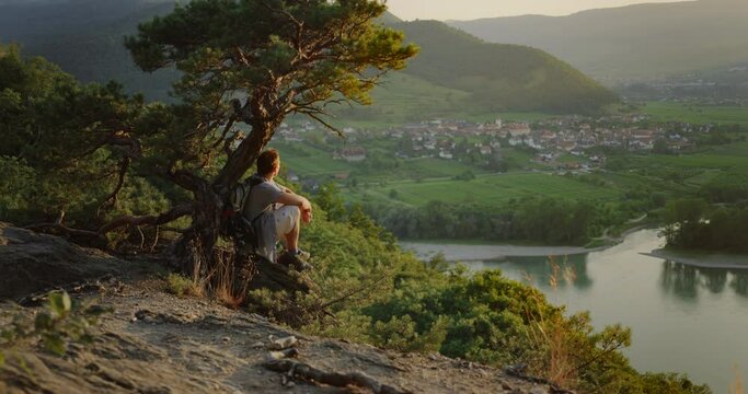 male looking at the golden hour sunset under a tree, mountain landscape background, river danube valley, overview, looking out, peaceful digital detox, outdoor nature,
overstimulation detox, travel