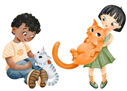Set of children and cats. African American boy is sitting with his pet. Asian Girl holds her red cat in arms. Friendship. Watercolor isolated illustration. Diversity Character for posters, postcards