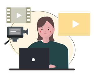 動画編集をする女性。ベクターイラスト