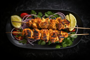 Indian chicken tikka on skewers, Indian tandoori chicken kabab spicy dish cuisine - obrazy, fototapety, plakaty