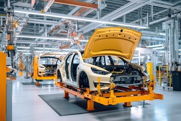 Electric cars being manufactured at a giga factory, Green energy vehicle revolution, Net zero carbon emission 2050 ESG goal
