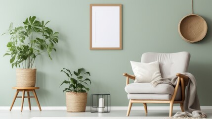 Front view of a modern luxury living room in green colors. Green wall with poster mockup, comfortable armchair with cushion and plaid, green plants in flower pots, home decor. Template.