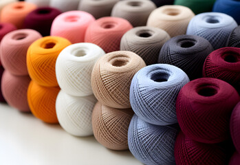 Colorful spools of thread for embroidery on a white background