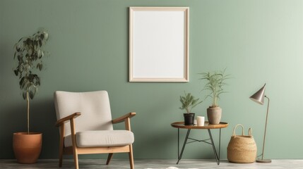 Front view of a modern luxury living room in green colors. Green wall with poster mockup, comfortable armchair, green plants in flower pots, floor lamp, home decor. Template.
