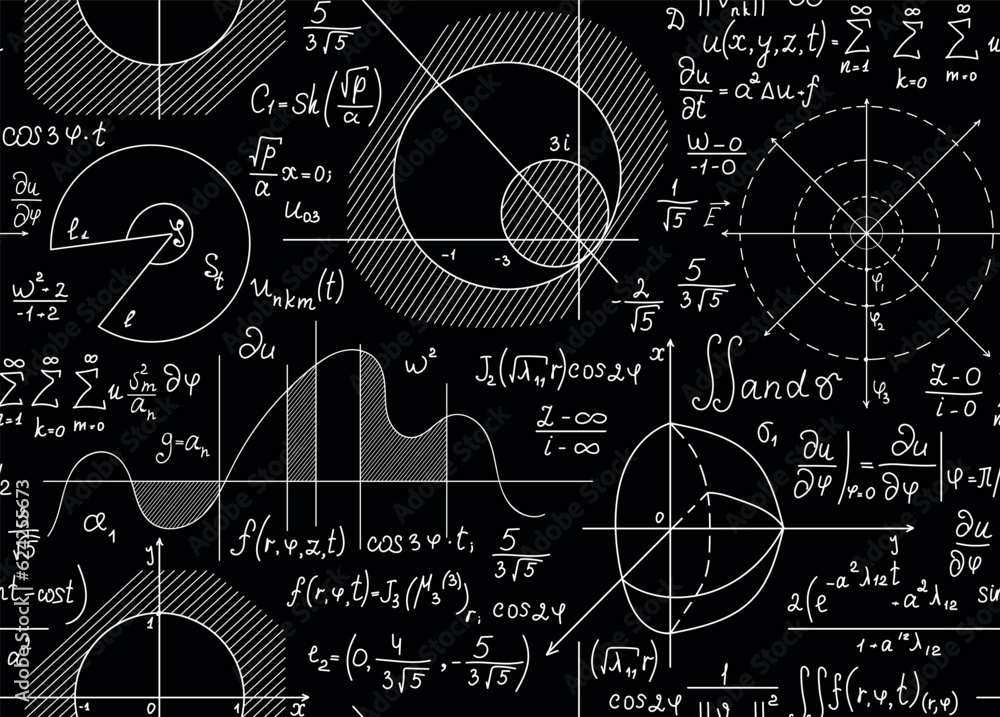 Wall mural mathematical scientific vector seamless background with handwriten plots, figures and formulas, 