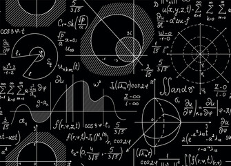 Mathematical scientific vector seamless background with handwriten plots, figures and formulas, "chalk on blackboard" handwritings