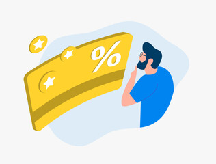 Cashback and rewards program concept. Loyalty and money refund service. Male character looking at yellow bank credit card with cashback bonuses icons. Illustration isolated on white background