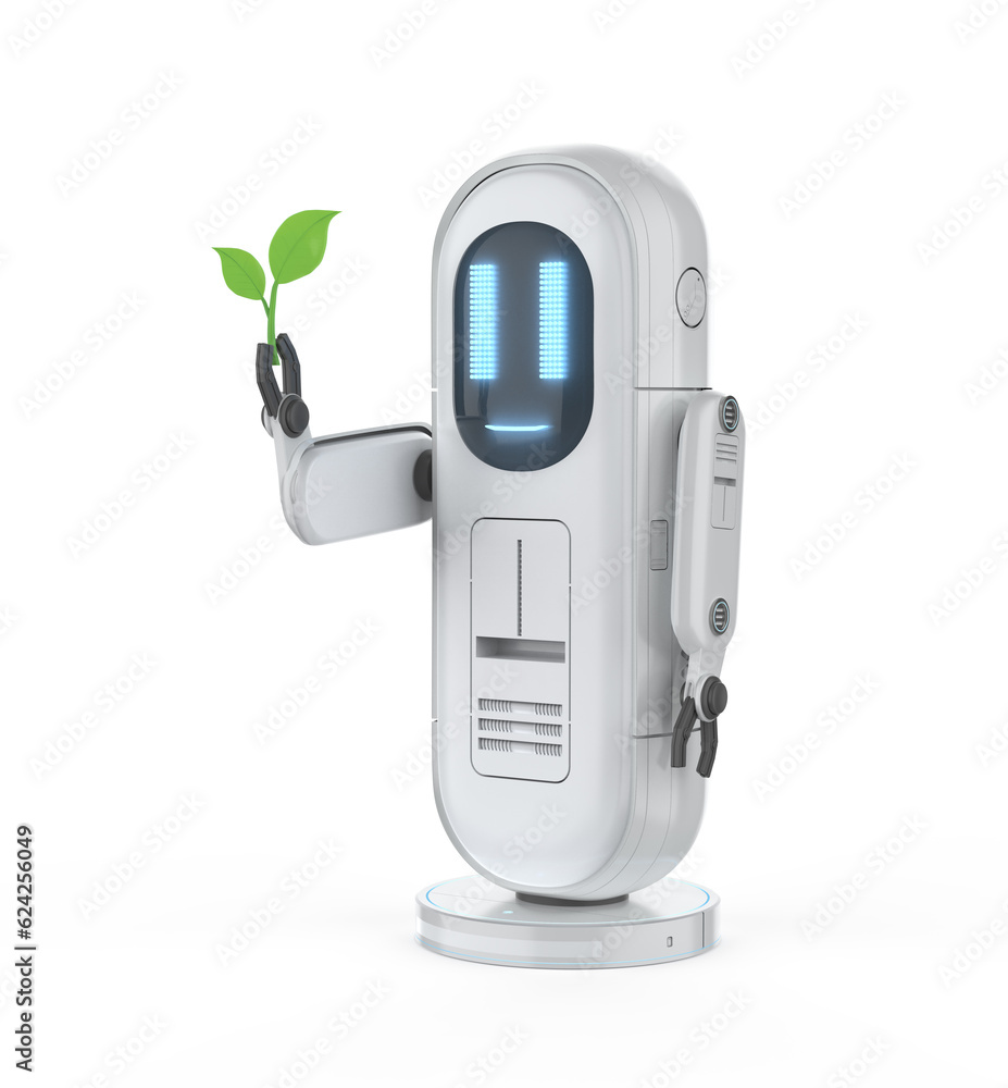 Poster ecology technology with robotic assistant or artificial intelligence robot hold green leaves