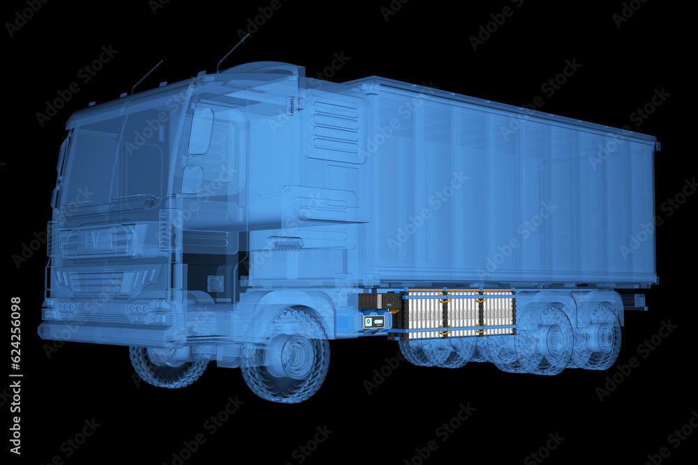 Wall mural scan ev logistic trailer truck or electric vehicle lorry with battery