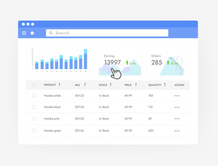 Seller Dashboard - Marketplace Inventory Management concept. Seller interface of e-commerce online store with number of accepted orders and earning money