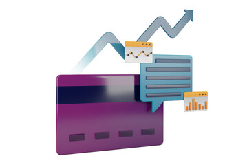 3d png rendering of comments, statistics and notes on financial transactions using credit cards. Can be used for poster, flyer, website, app, landing page