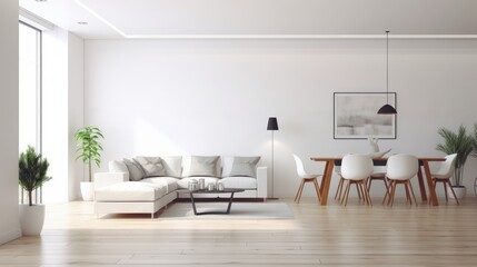 Interior of modern minimalist white living room with dining area. Comfortable sofa, coffee table, wooden dining table with chairs, house plants in pots, poster on the wall. Mockup, 3D rendering.