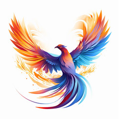 Orange, blue, purple phoenix majestic bird in the sky, flying away from fire, with long spiral tail in fire sunlight, in motion, vector logo style, polygonal with Generative AI technology.