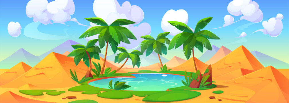Small lake and palm trees in middle of sandy desert. Vector cartoon illustration of natural oasis with fresh water, green grass on banks, tropical landscape with dunes under blue sunny sky and clouds