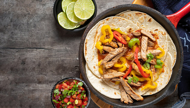 top down photo of mexican steak and chicken fajitas in iron skillet with corn tortillas