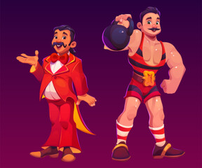 Vector carnival circus cartoon performer and strongman character set. Strongman with weight and muscle. Funny person with vintage mustache and red cirque costume. Happy amusement muscular guy icon