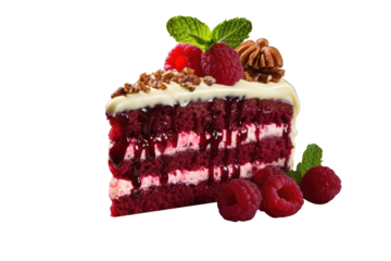 Red velvet cake sliced isolated on transparent background. Generative Ai