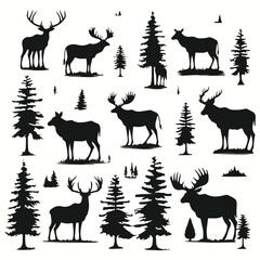 Moose silhouettes and icons. black flat color simple elegant squirrel monkey animal vector and illustration.