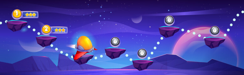Space game progress map on night sky background. Vector cartoon illustration of aircraft traveling between floating islands to raise bonus points, golden stars and lock icons on arcade stone platforms © klyaksun