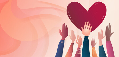 Banner with volunteer people with raised hands and background with red heart shape. Charitable donation. Support and assistance. Multicultural community. NGO. Aid. Help. Volunteerism