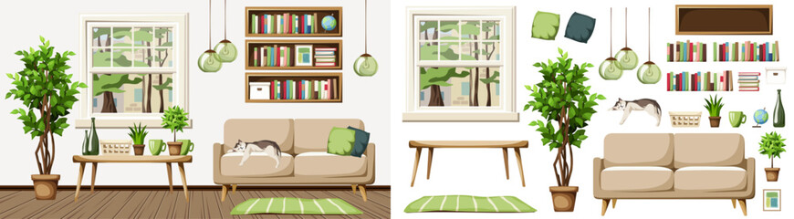Living room interior design with a sofa, bookshelves, green hanging lamps, and a big ficus tree. Furniture set. Interior constructor. Cartoon vector illustration