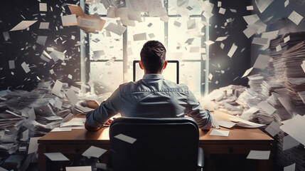A Man Sitting with Papers Flying Around, Depicting the Concept of Busyness in Work - obrazy, fototapety, plakaty
