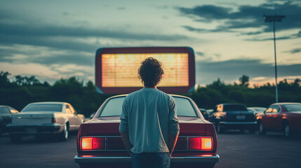 A Teenager Embracing the 1990s Era, Classic Car, and Movie Magic at the Drive-In Theater