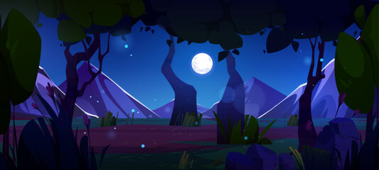 Night forest landscape with swamp. Vector cartoon illustration of spooky natural background, mountain valley with wetland between old trees and bushes, stones on ground, full moon glowing in dark sky © klyaksun