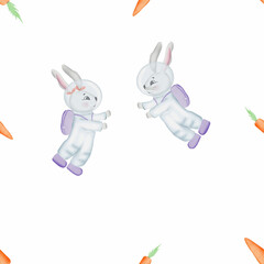 seamless repeating pattern on the theme of space. cute pattern with bunnies astronauts, planets, stars, carrots, comets. perfect pattern for baby textiles, bedding, scrapbooking, wrapping paper.