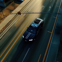 High speed car racing down road. Great for car chase scenes, action, adventure, thriller, crime, law enforcement etc.