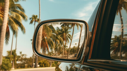 a car side mirror with palm trees in the background