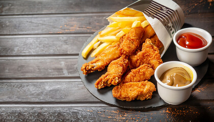 fried chicken strips with french fries and sauce.