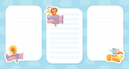 Cute Animal on Plane Flying in the Air Empty Note Card Design Vector Template