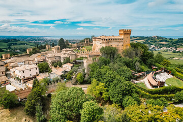 Aerial view of Medieval village of Gradara, Italy.  Little old  village italy scene in Pesaro...