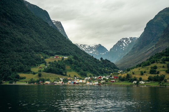 The beautiful village of Undredal from the Aurlandsfjord in Norway