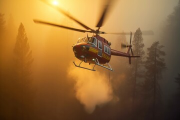 Fototapeta na wymiar A rescue helicopter extinguishes a forest fire by dropping a large amount of water on a burning coniferous forest. Saving forests, fighting forest fires. Aerial view. 3D rendering.