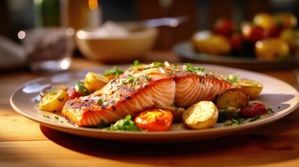 Fried salmon steak with potatoes and vegetables on wooden table. Salmon fish in the restaurant. Generative Ai