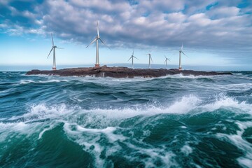 Obraz premium Offshore wind farm on a small rocky island in the middle of a stormy north sea. Beautiful seascape with the wind generators. Sustainable green energy concept. 3D rendering.