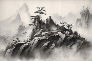 Ink on Paper Landscape. Generative AI.
A digital illustration of a landscape sketch of a landscape drawn with black ink on white paper.