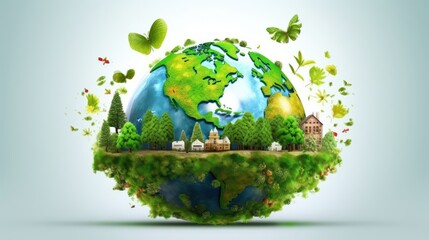 Image of the globe with symbols of human activity and the environment. Environment, save clean planet, ecology concept. Saving nature for future generations. Earth Day banner with copy space.