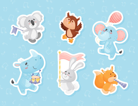 Cute Animal Parade with Flag and Balloon Vector Sticker Set