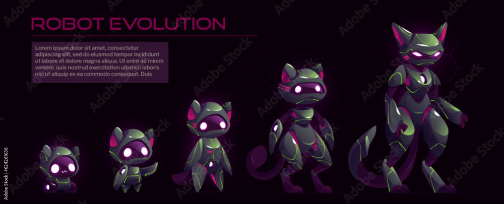 Poster cartoon set of cat robot evolution levels. vector illustration of futuristic ai character progress f