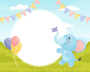Cute Elephant Animal Parade with Flag and Balloon Note Frame Vector Template